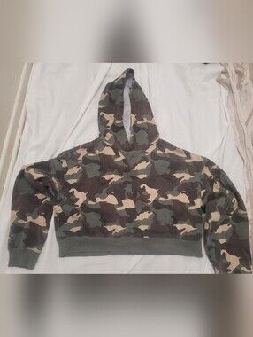 Victoria's Secret Camo Hooded Cropped Sweater - Green, Brown, Tan